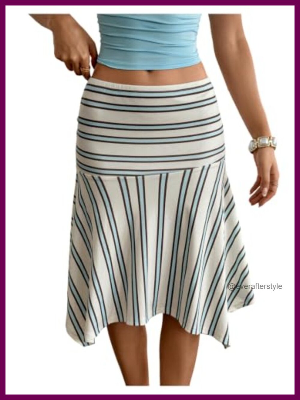 Striped Flowy Midi Skirt Low Waist Asymmetrical Handkerchief Hem
